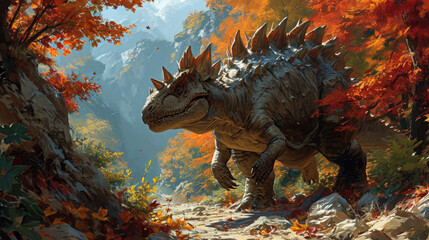 Fototapeta premium Stegosaurus Dinosaur in a whimsical and colorful style. In natural habitat. Jurassic Park.