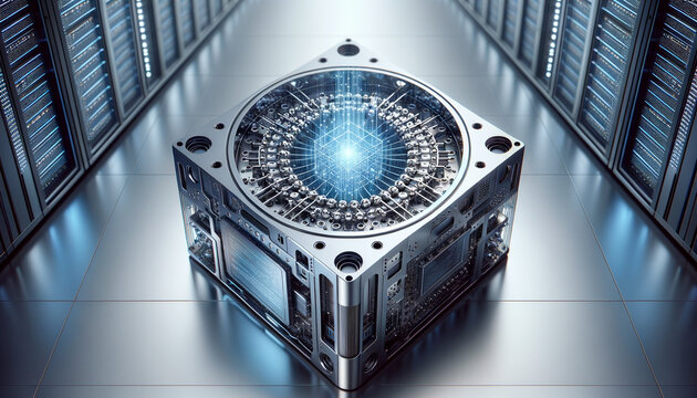 Futuristic quantum computer in minimalist lab with AI elements.