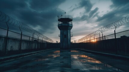 Wide-angle new modern prison watchtower with fence