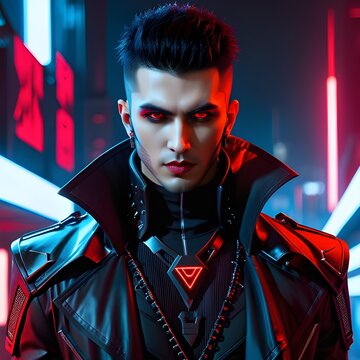 cyberpunk guy vampire with red hue eyes