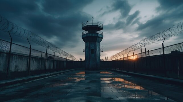 Wide-angle new modern prison watchtower with fence