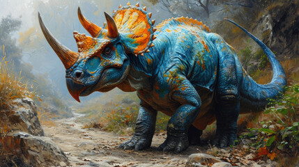 Obraz premium Triceratops Dinosaur in a whimsical and colorful style. In natural habitat. Jurassic Park.