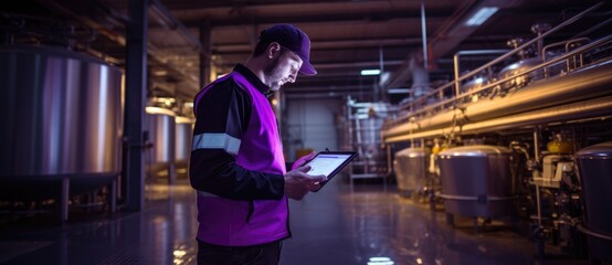 workers monitor the production of distillation machines via tablets