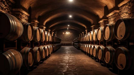 Fotobehang Wine cellar with a row of oak barrels © Fly Frames