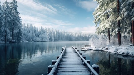Winter forest with lake and wooden pier