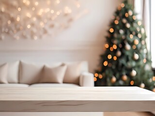 Blank white wooden table top with abstract warm living room decor with Christmas tree series blurry background