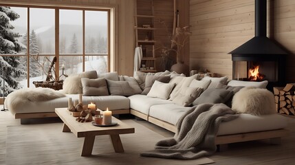 Scandinavian rustic living room with wooden accents and cozy textiles