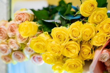 A Beautiful Arrangement of Yellow and Pink Roses in a Vase. A bunch of yellow and pink roses in a vase