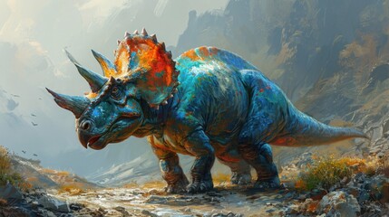 Triceratops Dinosaur in a whimsical and colorful style. In natural habitat. Jurassic Park.