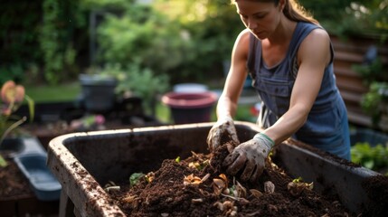 Woman composting food waste in backyard compost bin garden