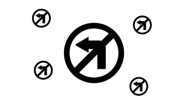 Zoom in and out animation the no left turn symbol. Large black symbol in the center and four small symbols around. Seamless looped 4k animation on white background