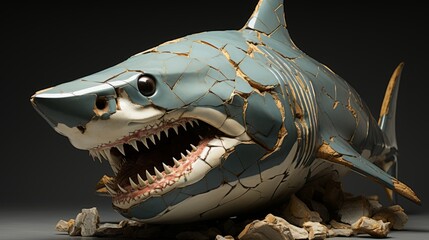Shark in kintsugi style. An animal sculpture made from broken fragments.