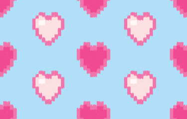 Abstract floral scribble Ikat pink hearts seamless pattern on pink background. Ethnic asian, uzbek, indian, aztec style. Fancy tribal texture for fabric print, wallpaper, gift wrap, cards.