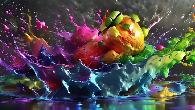 An image of a large blob of exploding rainbow paint with an apple emerging.
