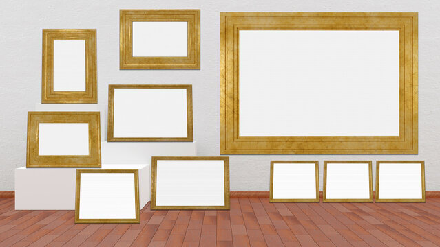 Cornici, quadri vuoti in mostra su muro bianco. Dieci cornici con spazio vuoto per inserimento di testo o immagini. Cornici in oro, dorate