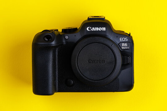 August 30, 2023 Chisinau Moldova. Front view of Canon R6 mark II camera. Background with copy space