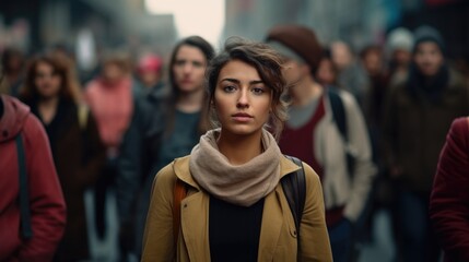Woman marching in protest with a group of people - obrazy, fototapety, plakaty