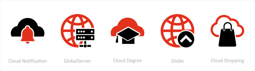 A set of 5 Internet icons as cloud notification, global server, cloud degree