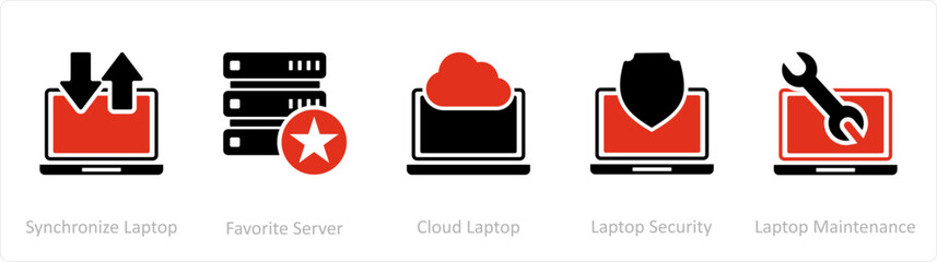 A set of 5 Internet icons as synchronize laptop, favorite server, cloud laptop