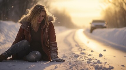 Woman slipped on the winter road - obrazy, fototapety, plakaty