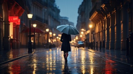 Woman with an umbrella walking on an empty city street during rain - obrazy, fototapety, plakaty