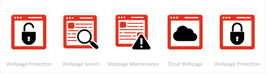 A set of 5 Internet icons as webpage protection, webpage search, webpage maintenance