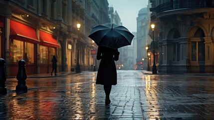 Woman with an umbrella walking on an empty city street during rain - obrazy, fototapety, plakaty