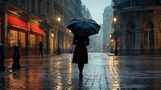 Woman with an umbrella walking on an empty city street during rain
