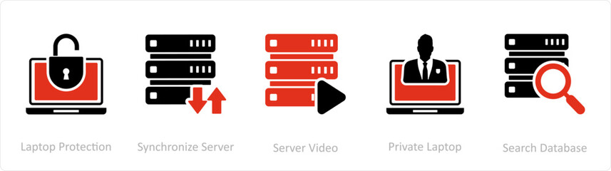 A set of 5 Internet icons as laptop protection, synchronize server, server video