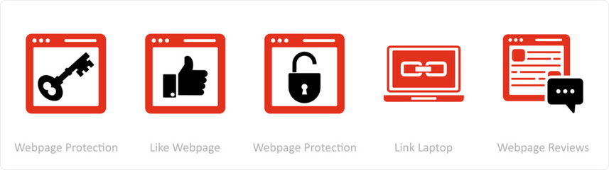 Fototapeta na wymiar A set of 5 Internet icons as webpage protection, like webpage, link laptop