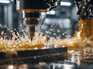 The image shows a CNC machine center drilling a metallic workpiece. The workpiece is being machined by the CNC machine with a drill bit. Coolant is being sprayed onto the workpiece through a nozzle to - obrazy, fototapety, plakaty