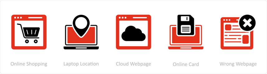 A set of 5 Internet icons as online shopping, laptop location, cloud webpage