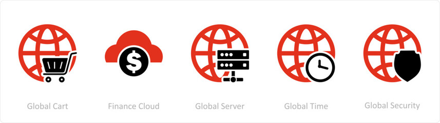 A set of 5 Internet icons as global cart, finance cloud, global server 