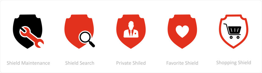 A set of 5 Internet icons as shield maintenance, shield search, private shield