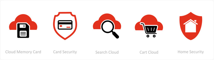 A set of 5 Internet icons as cloud memory card, card security, search cloud