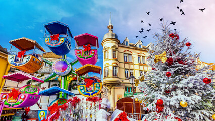 Colmar - Christmas city in Alsace, France. Traditional old half-timbered houses in the historic...