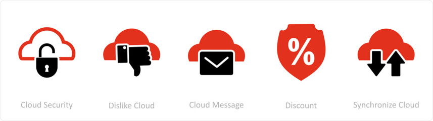 A set of 5 Internet icons as cloud security, dislike cloud, cloud message