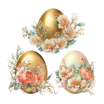 golden easter eggs with flowers vintage style watercolor on white background