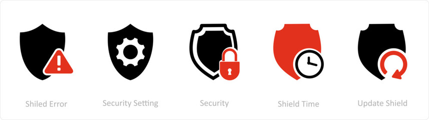 A set of 5 Internet icons as shield error, security setting, security, shield time