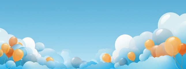 colorful balloons on blue sky and clouds background, horizontal wallpaper for birthday, baby shower or party card