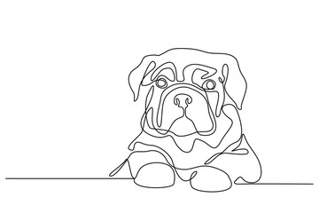 Cute little bulldog, one line outline drawing. Dog is Human's friend. Drawing for a tattoo. Pet illustration