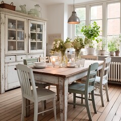 Shabby chic dining area with distressed furniture and vintage charm