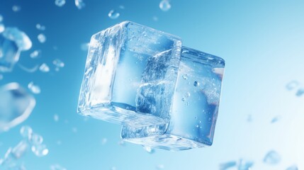 Falling ice cube on a blue background. Frozen water closeup.