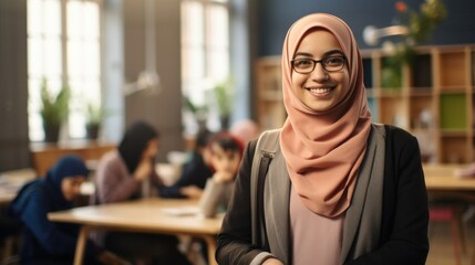 Young muslim female teacher in a classroom