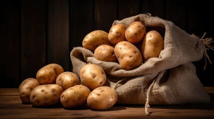 Young potatoes in burlap sack