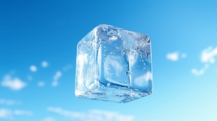 Obraz premium Falling ice cube on a blue background. Frozen water closeup.