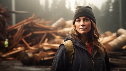 Woman lumberjack standing in front of log in forest