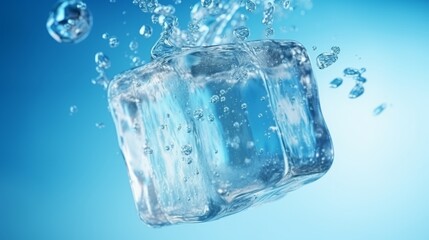 Obraz premium Falling ice cube on a blue background. Frozen water closeup.