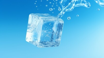 Falling ice cube on a blue background. Frozen water closeup.