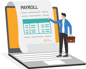 Freelancer filling invoice, distance job payroll, money transfer online, remote work payment, get salary on bank account concept. Colored flat vector illustration isolated.

 - obrazy, fototapety, plakaty